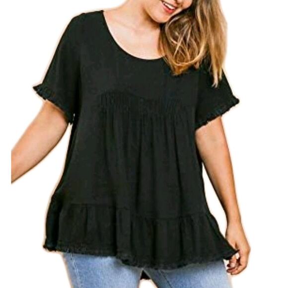 Umgee Babydoll Linen Blend Tunic Peasant Boho Ruffle Short Sleeve Fringed Sz XL - Picture 1 of 11